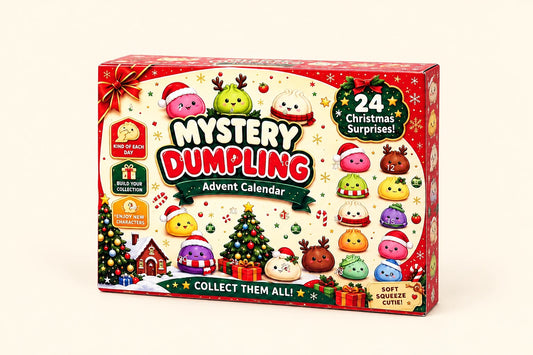 Calendario de adviento Mystery Dumpling, caja roja sobre fondo crema